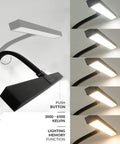 Beefy 3000 Lumen LED Desk Lamp with Clamp showing five light modes and memory function, front and side view