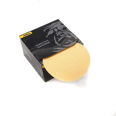 Gold Adhesive Sanding Discs 5 Inch No Hole PSA Grit 100 pack box with visible single disc