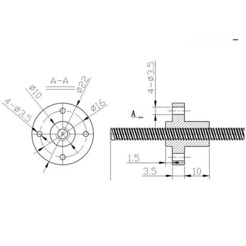 Technical drawing of T8 Lead Screw With Copper Nut For 3D Printers And Linear Motion Projects, Stainless Steel Thread, 4mm Diameter.
