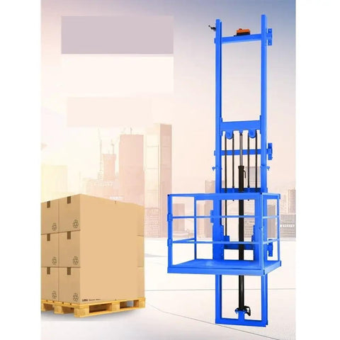 Heavy Duty Electric Lift Table And Hydraulic Platform With Remote Control for 1000kg capacity, displaying blue framework with pallet nearby.