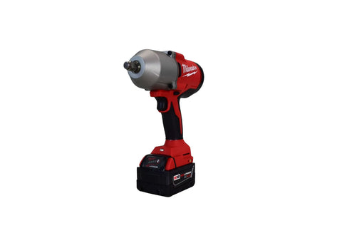Milwaukee Battle Tested 18 Volt Cordless Impact Wrench with 1/2 inch friction ring drive, red body, for automotive tasks.