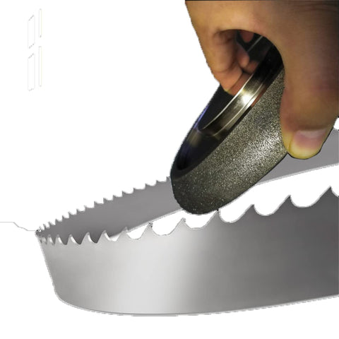 Hand holding Five Inch CBN Bandsaw Grinding Wheel for Seven Eighths Inch Tooth Spacing Blades Ten and Thirty Degree Tooth Pitch