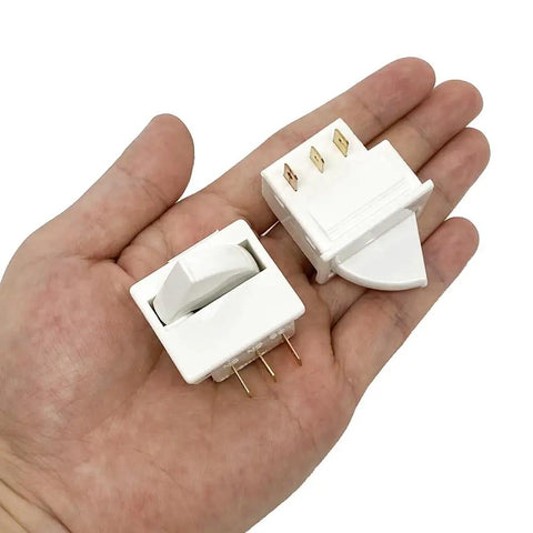 Two Pack 3 Pin Refrigerator Door Light Switches, Momentary Fridge Switches With Brass Contacts, 125V/250V AC, 2.5A At 250V Or 6A At 125V, Includes NC And NO Contacts, Easy Replacement For Fridges, shown in hand