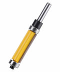 Get The Ultimate 2Pc Flush Trim Router Bits With Hardened Carbide Blades For Smooth Woodworking Projects And Precise Edge Trimming Using This Killer 1/4 Inch Shank Set Today! Detailed view of a flush trim router bit with carbide blades.