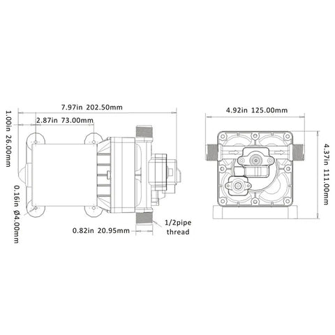 Technical diagram of 12V Diaphragm Water Pump With Self Priming Sprayer, 4 Chamber DC Electric Pump, with detailed dimensions.