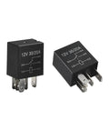 2 Pack 5 Pin 12V 30A Relay, Straight Up Tough With Waterproof Nylon Housing, Plug And Go Universal Starter Switch close-up. 12V relays.