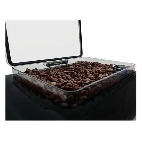Kickstart Your Daily Java With This Slick Super Automatic Espresso Machine Featuring A Bpa Free Design Built In Grinder Responsive Touch Screen And Breeze To Clean Operation For Flawless Barista Level Shots In Matte Black with visible coffee beans in the transparent container.