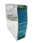 Front view of 120W 24V DIN Rail Switching Power Supply For CCTV And LED Lighting SMPS Pro Grade High Efficiency Industrial Power Unit