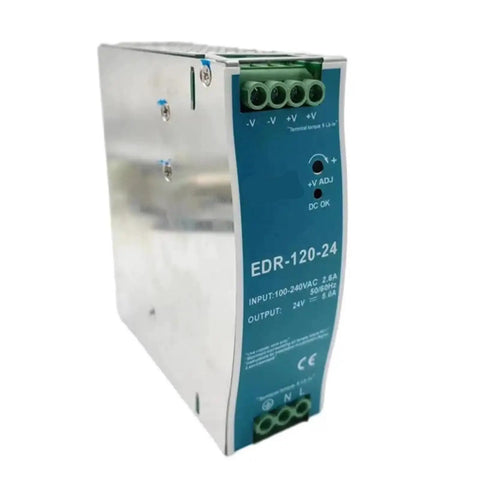 Front view of 120W 24V DIN Rail Switching Power Supply For CCTV And LED Lighting SMPS Pro Grade High Efficiency Industrial Power Unit
