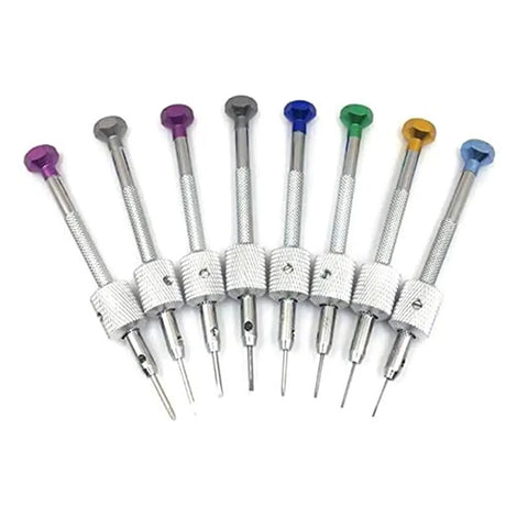 Top Notch Watch Repair Screwdriver Set 8 Piece Precision Tool Kit With Metal Stand For Tiny Screws 0.6mm To 1.6mm Tips Durable Steel