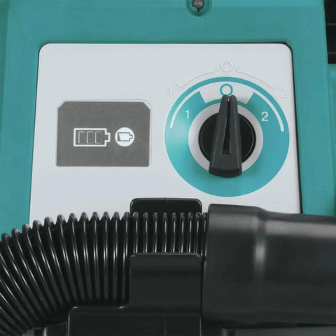 Control panel of XCV11Z 18V LXT Brushless Cordless 2-Gallon HEPA Wet Dry Dust Extractor Vacuum with power settings.