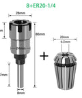 Super Tough 8mm 1/4 Inch 1/2 Inch Shank ER Router Bit Extension Rod Collet Kit with detailed measurements for precision milling.
