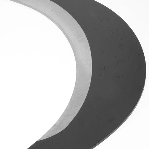 Close-up of semi-circular steel blade for Long Handled Weeding Tool With Semi Circular Steel Blade For Lawn Garden And Farm Clearing Manual Mowing Tool For Weeding Grass Cutting Sugarcane And Heavy Duty Farming Tasks Yard Work Ready
