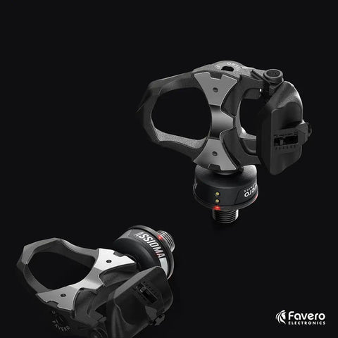 Dual Sensing Pedal Based Power Meter with extra cleats, Bluetooth and ANT Plus connectivity, shown from two angles.