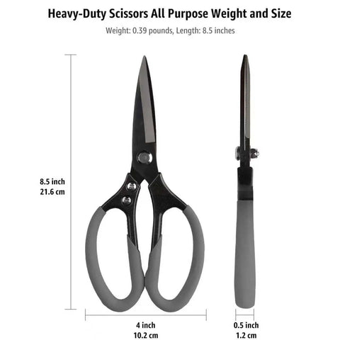 Front and side view of Heavy Duty All Purpose Scissors 8.5 Inch Pro Grade Stainless Steel Blades With Frosted Gray Comfort Grip Handle
