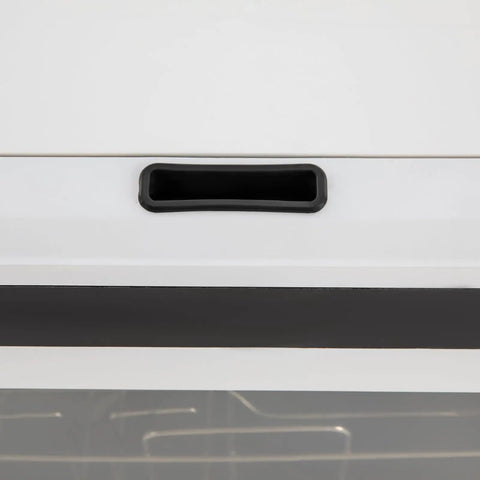 Close-up of handle on Portable Countertop Mini Dishwasher Featuring Four Quick Wash Cycles And Slick High Heat Sanitizing Plus Seamless Air Dry For No Muss No Fuss Apartment Dorm Or Road Trip Setup.