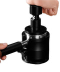 Legit Reliable Adjustable Espresso Tamper Station with Grippy Silicone Bottom, hands pressing down for stable brewing.