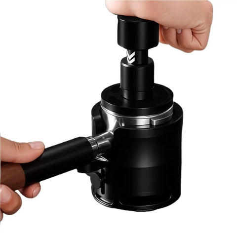 Legit Reliable Adjustable Espresso Tamper Station with Grippy Silicone Bottom, hands pressing down for stable brewing.