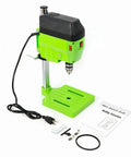Powerful 480W Mini Bench Drill Press Machine With Dual Speed Settings Up To 11000 RPM for DIY projects, featuring green base and tools.