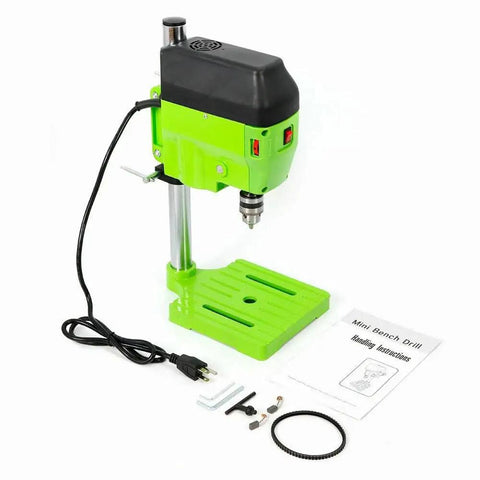 Powerful 480W Mini Bench Drill Press Machine With Dual Speed Settings Up To 11000 RPM for DIY projects, featuring green base and tools.