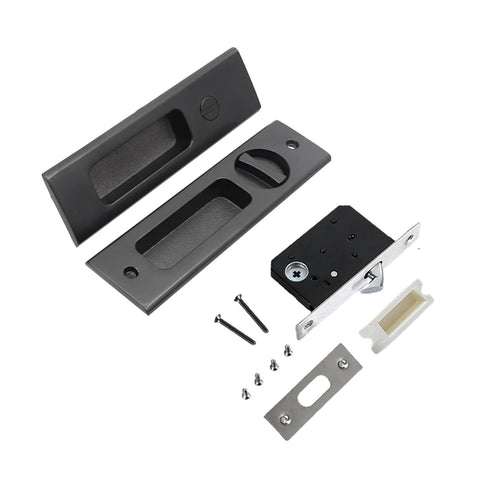 6.3 Inch Privacy Pocket Door Lock Hardware For Double Barn Doors Keyless Mortise Lock Sliding Door System In Black Durable Zinc Alloy Handle Brass Cylinder Silent Operation Anti Rust Finish