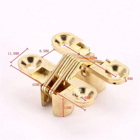 Hidden 8x42MM Concealed Cross Door Hinge With 180 Degree Swing for Wood Doors, Gold Finish, Side View with Measurements