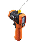 Infrared Thermometer Gun With Dual Laser Targeting For Easy Readouts And 20 To 1 Distance To Spot From Minus Forty To Twelve Hundred Fahrenheit And K Type Probe Built For Worksite Pro And Home Use, shown with orange and black design, side view.