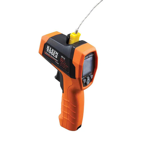 Infrared Thermometer Gun With Dual Laser Targeting For Easy Readouts And 20 To 1 Distance To Spot From Minus Forty To Twelve Hundred Fahrenheit And K Type Probe Built For Worksite Pro And Home Use, shown with orange and black design, side view.