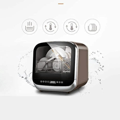 Totally Hassle Free Compact Countertop Dishwasher With Slick Stainless Steel Interior showing six place settings inside.