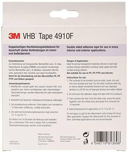 Packaging of VHB 4910F Clear Double-Sided Acrylic Adhesive Tape showing product details and barcodes.