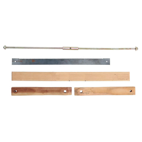 Rugged Teakwood Frame Saw With Razor Sharp Manganese Steel Blade For Effortless Wood Cutting parts laid out, including frame and blade.