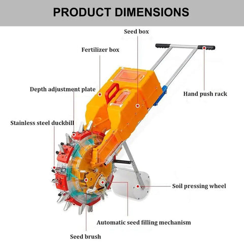 Diagram of Walk-Behind Seed Spreader For Lawn And Farm No-Fuss Manual Push Roller Seeder with labeled parts, including seed and fertilizer boxes