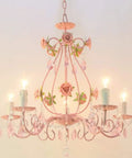 Pink Crystal Chandelier For Girls Room With Five Lights, 23.6 Inch Wide Rose Flower Style Pendant Lighting, lit with crystals and roses