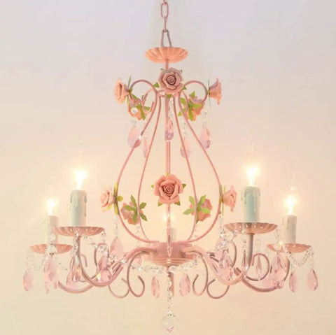 Pink Crystal Chandelier For Girls Room With Five Lights, 23.6 Inch Wide Rose Flower Style Pendant Lighting, lit with crystals and roses
