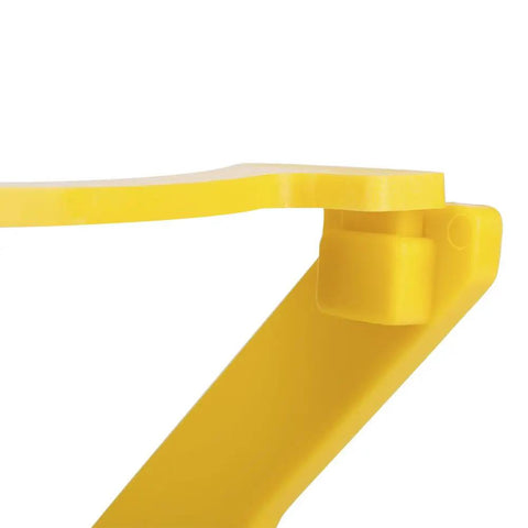 Close-up of Durable Plastic Beekeeping Gear Bee Honey Bucket Rack hinge, yellow plastic material, for apiary storage tool organization.
