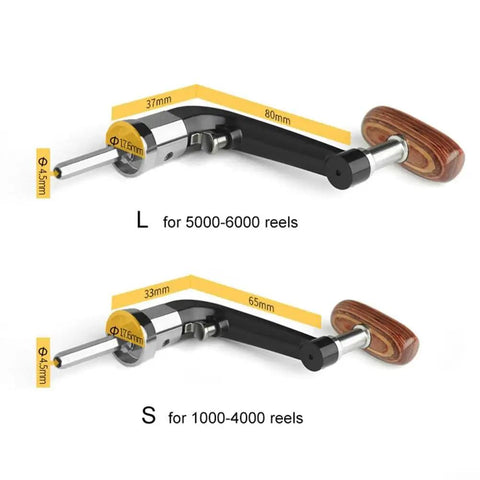 Premium Metal Folding Fishing Reel Handle Kit With Rocking Arm And Hardwood Knob Auto Fold Design For Compact Storage Fits 1000-4000 And 5000-6000 Models Secure Grip Perfect Upgrade For Serious Anglers. S and L reel handles with hardwood knob