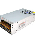 12V 20A Universal Regulated Switching Power Supply Driver for LED Strip Lights CCTV Cameras and Electronics Projects with 110V 220V Input Switch and Smart Surge Overload Protection, metal casing, front input view