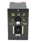 Front view of W.U.P motor speed controller panel, gray metal enclosure with rotary dial and on/off switch