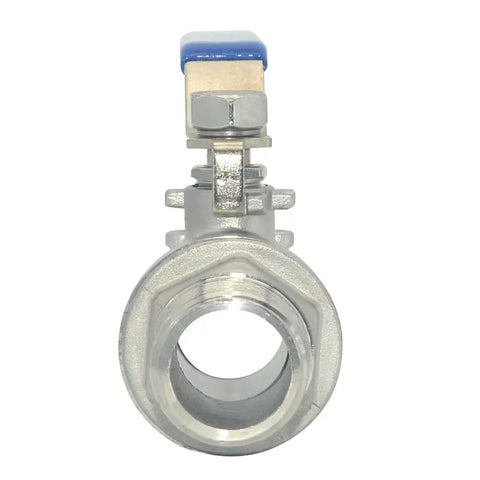 Heavy Duty 1 Inch Full Port Ball Valve With Male X Female Npt Threads And 304 Stainless Steel Construction, front view with blue lever.