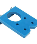 Front view of blue 35mm concealed hinge drill jig with large center bore and pilot holes