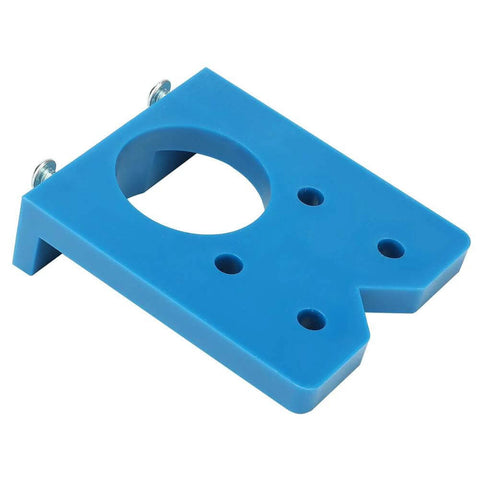 Front view of blue 35mm concealed hinge drill jig with large center bore and pilot holes