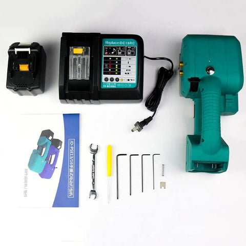 Components of Heavy Duty Automatic Hot Melting Strapping Machine For Portable Rechargeable Electric Banding Tool including charger and tools.
