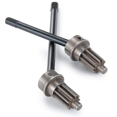 Close-up of Front CVD Axle Shaft Set with Portal Drive Input Gear for 1 to 10 RC TRX 4, showing left and right steel axles.