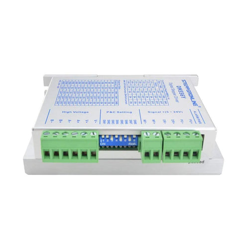 DM556Y digital stepper motor driver, white metal enclosure with green terminal blocks and blue DIP switch (front view).