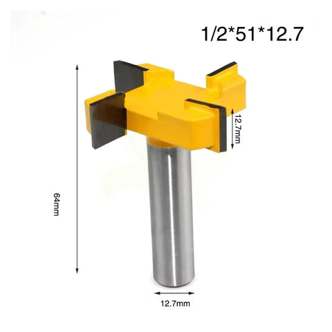 Premium 8mm 4 Edge T-Slot Router Bit For Precision Wood Slotting And Smooth Milling Cuts shown at an angle with dimensions labeled.