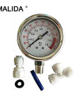 Malida stainless water pressure gauge with 0-1.6 MPa (0-220 psi), 1/4" fittings, white plastic adapters and blue hose