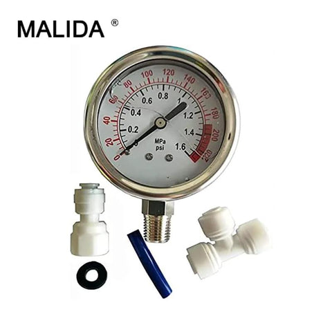 Malida stainless water pressure gauge with 0-1.6 MPa (0-220 psi), 1/4" fittings, white plastic adapters and blue hose