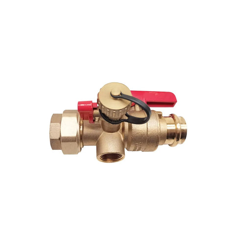 Brass 3/4-inch tankless water heater isolation valve with red lever and female threaded ends