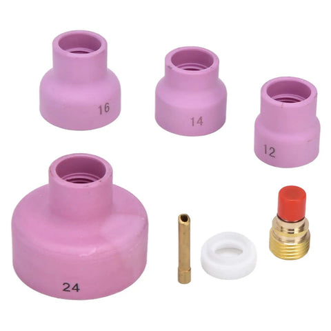 Pro Grade TIG Gas Lens Kit For WP9 WP20 WP25 Torch With Ceramic Nozzles 12, 14 X2, 24 Copper Electrode Holder And PTFE Front Cover