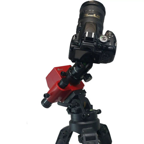 SkyTracker Pro Camera Mount With Polar Scope For Astrophotography attached to a camera on a tripod, black and red design.